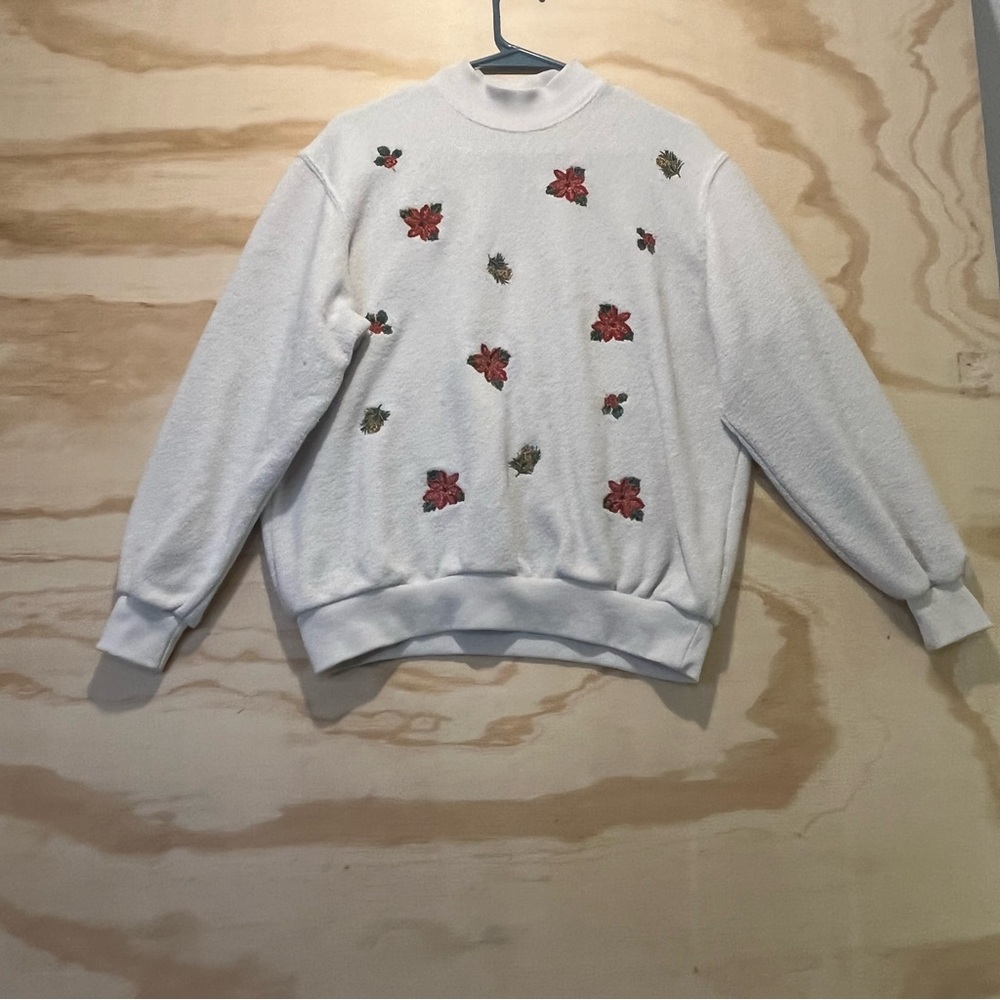 Bon Worth Womens Sweater Sz PM Ivory Floral Embroidery Crew Neck Long Sleeve